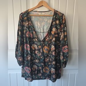 Natural Life Boho Floral Tassel Peasant Top Black Maribel Sunflower Print XL